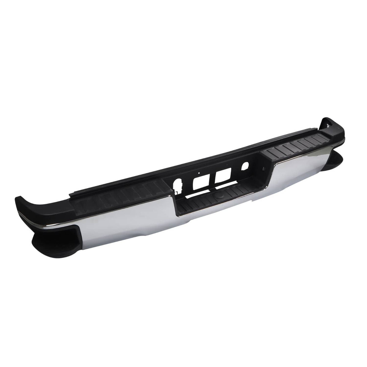Chrome rear step bumper assembly with black step surface and center light openings