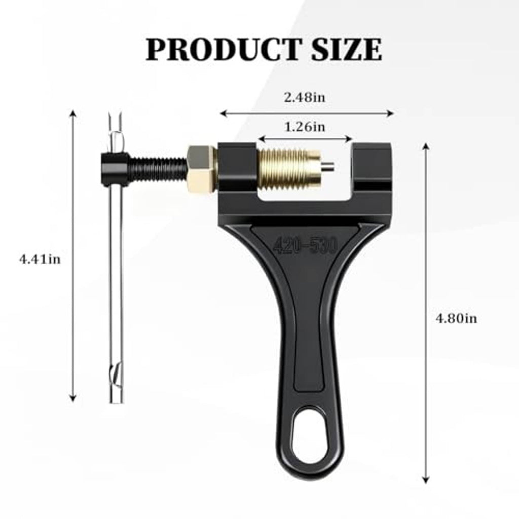 Adjustable chain breaker tool with size diagram markings and black U-shaped frame