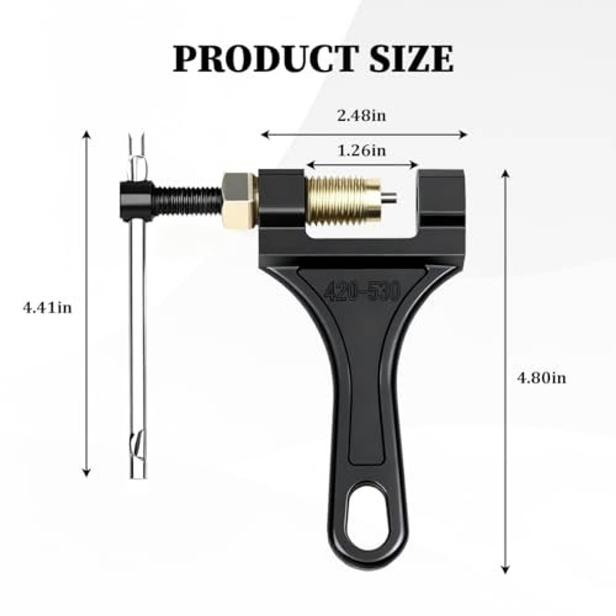 Adjustable chain breaker tool with size diagram markings and black U-shaped frame