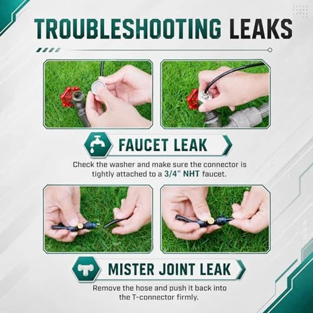 Outdoor misting system leak troubleshooting steps for faucet and misters