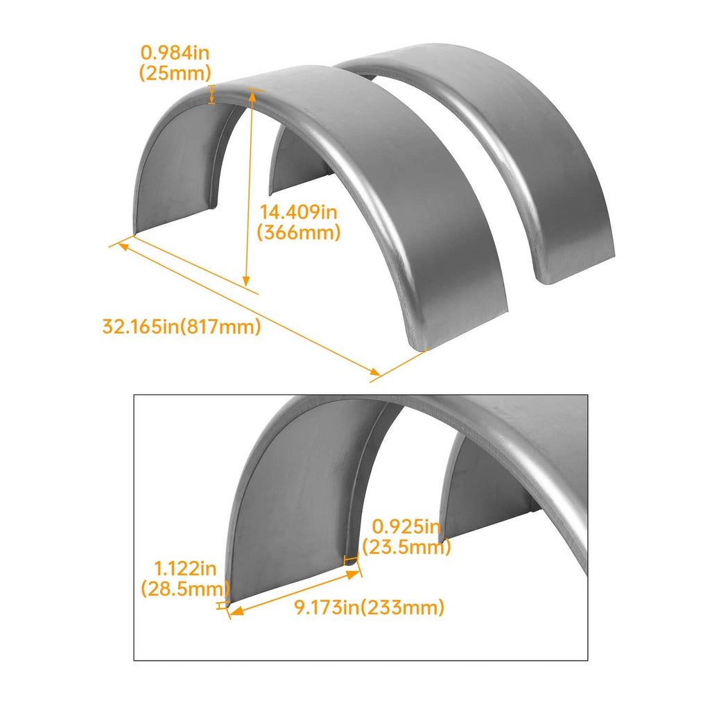 Pair of curved steel round trailer fenders with back plates, silver-gray