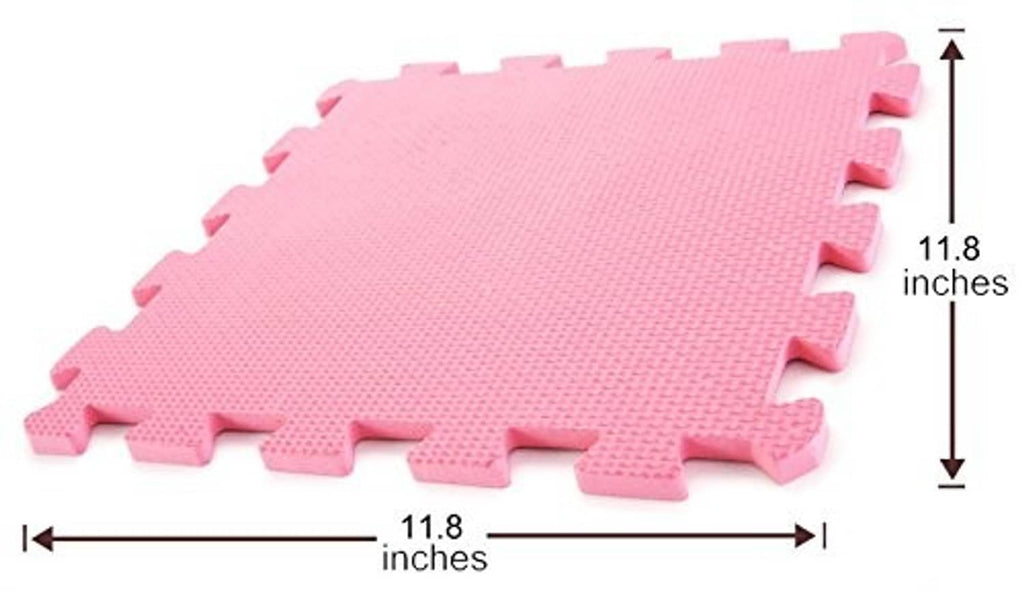 Pink interlocking foam play mat tile set, showing raised texture and puzzle edges