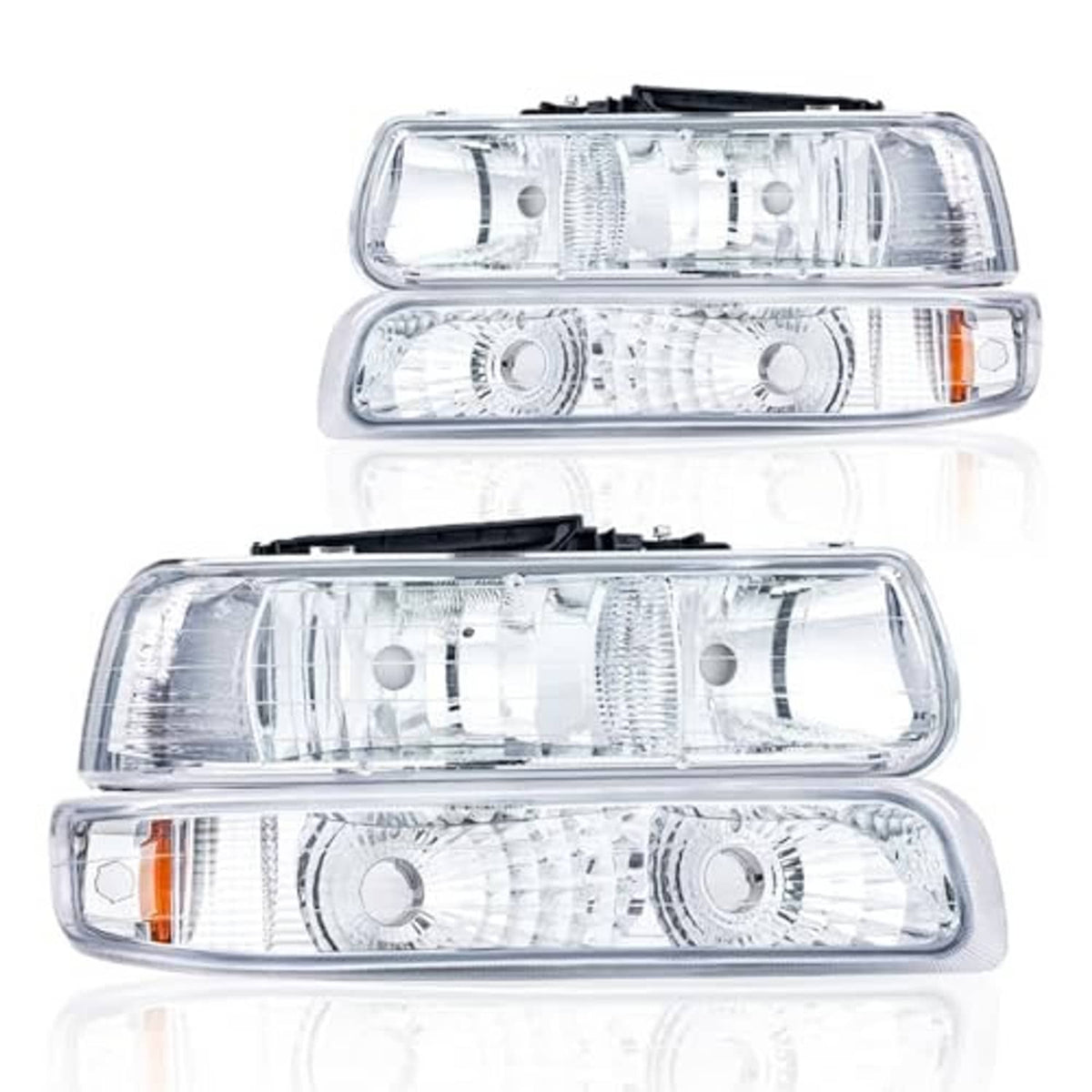 Front-facing chrome headlight pair with clear lenses and amber reflectors