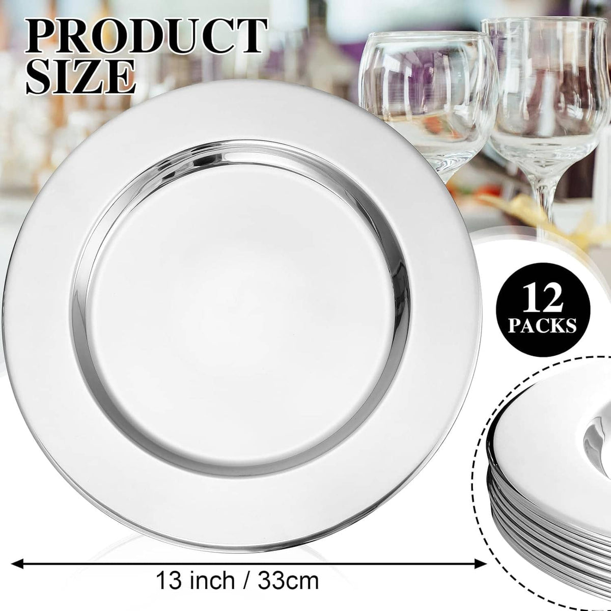 Round stainless steel charger plate, silver finish, centered with small plate stack
