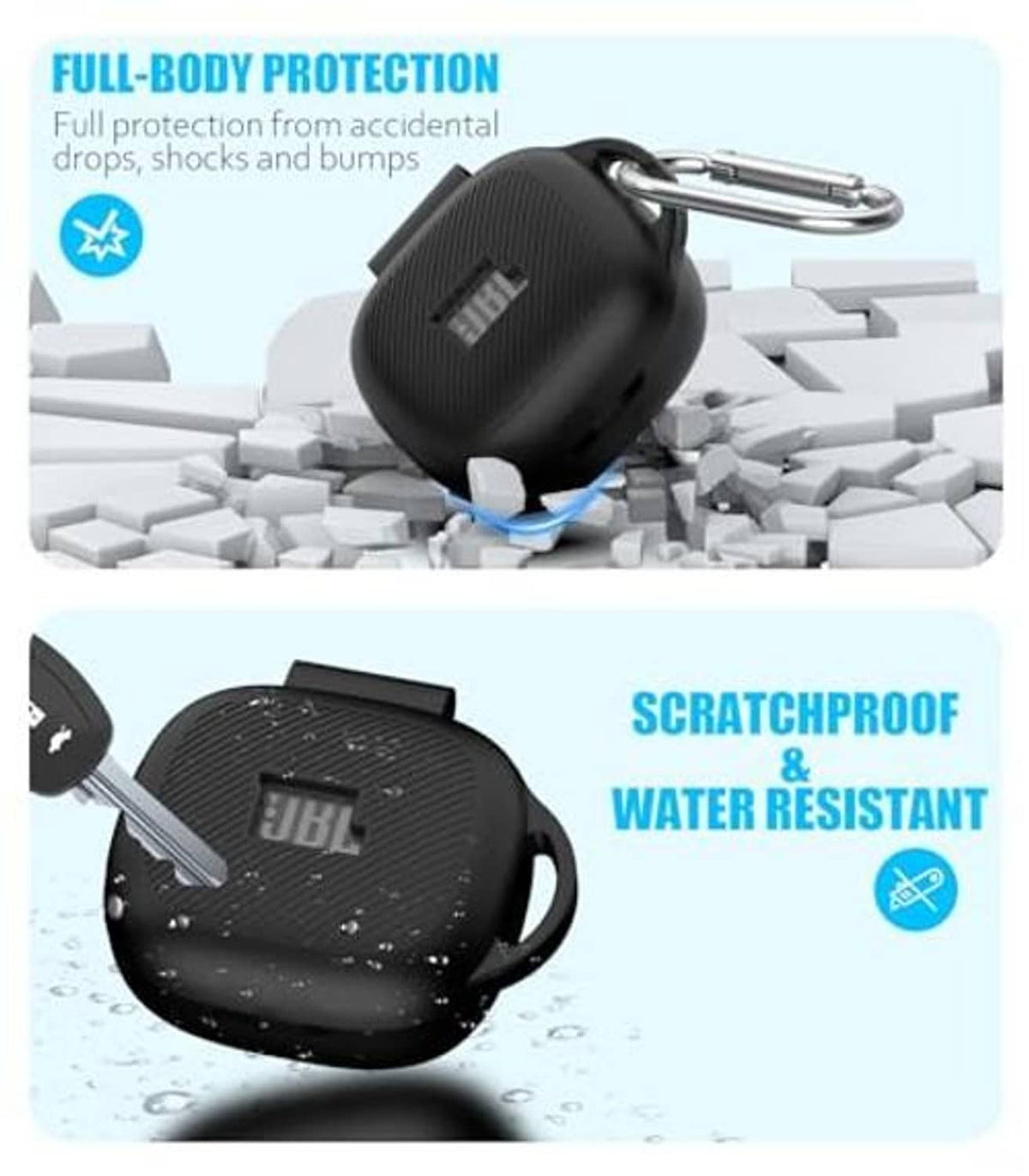 Black protective earbuds case cover with carabiner clip; water-resistant and scratchproof.