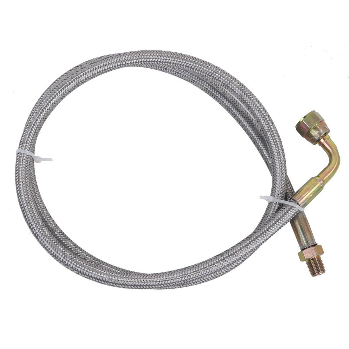 Braided stainless turbo oil feed line with two end fittings and mounting adapter