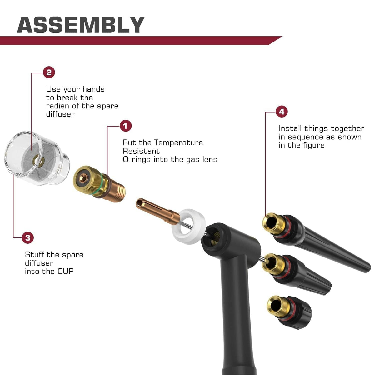 TIG torch collet and stubby gas lens assembly diagram with O-rings and parts steps