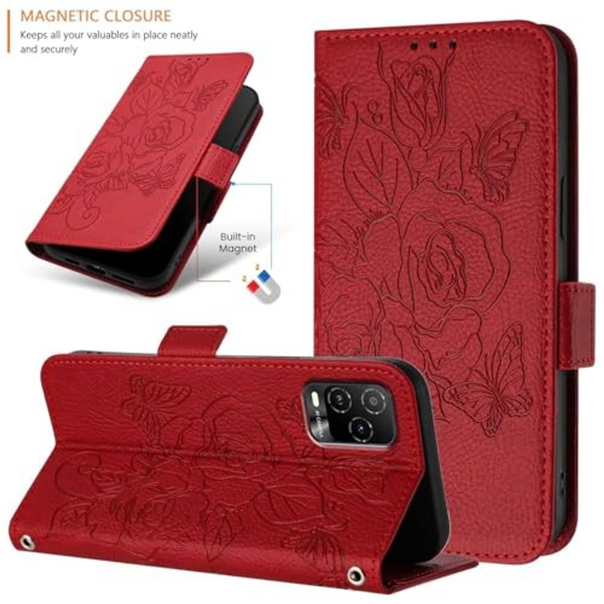 Red embossed floral magnetic phone wallet case with card holder and kickstand