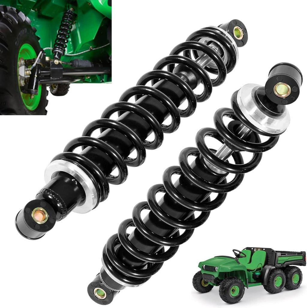 Pair of heavy-duty front suspension shock absorbers with black coils and silver mounts