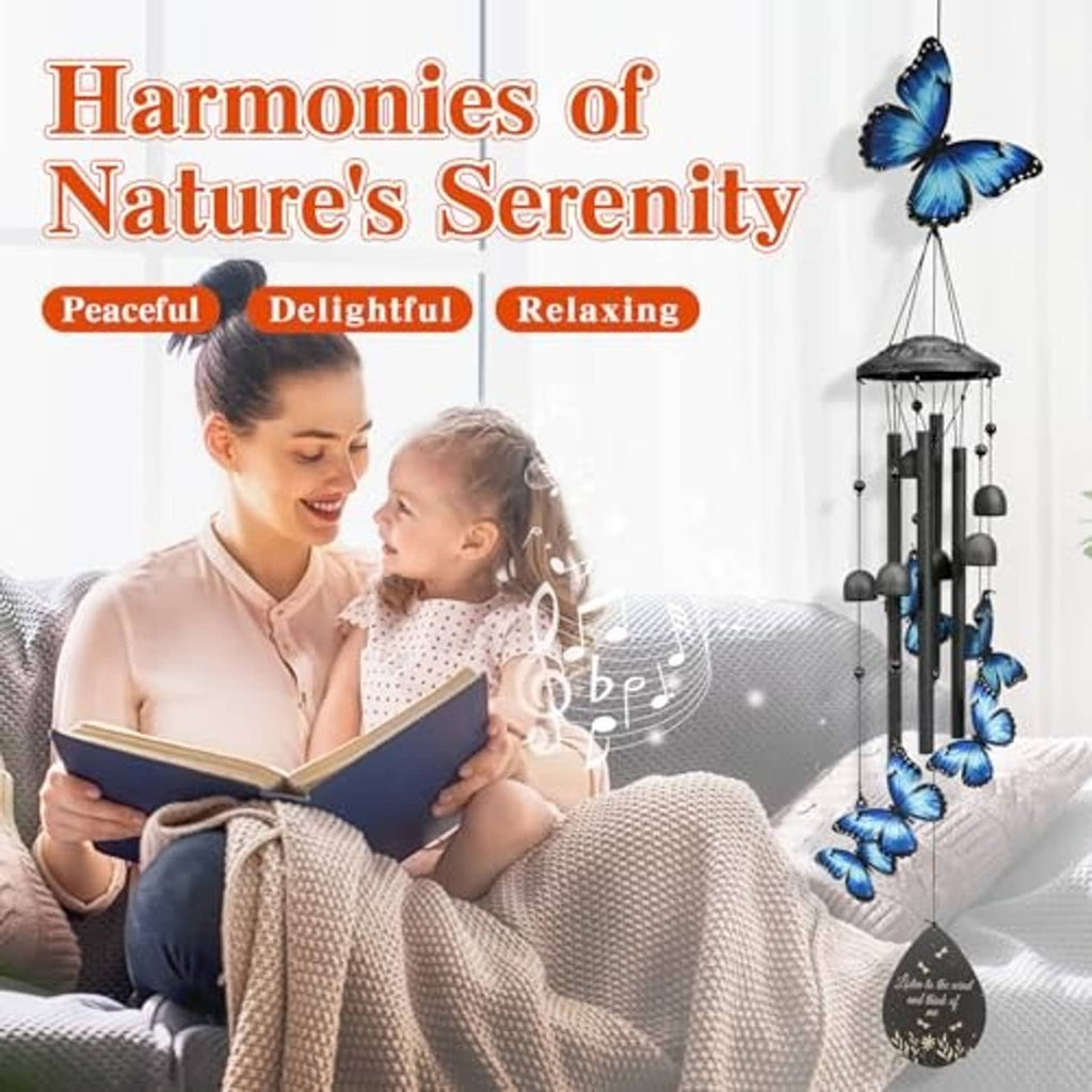 Indoor decor wind chime with blue butterfly ornaments and black hanging tag