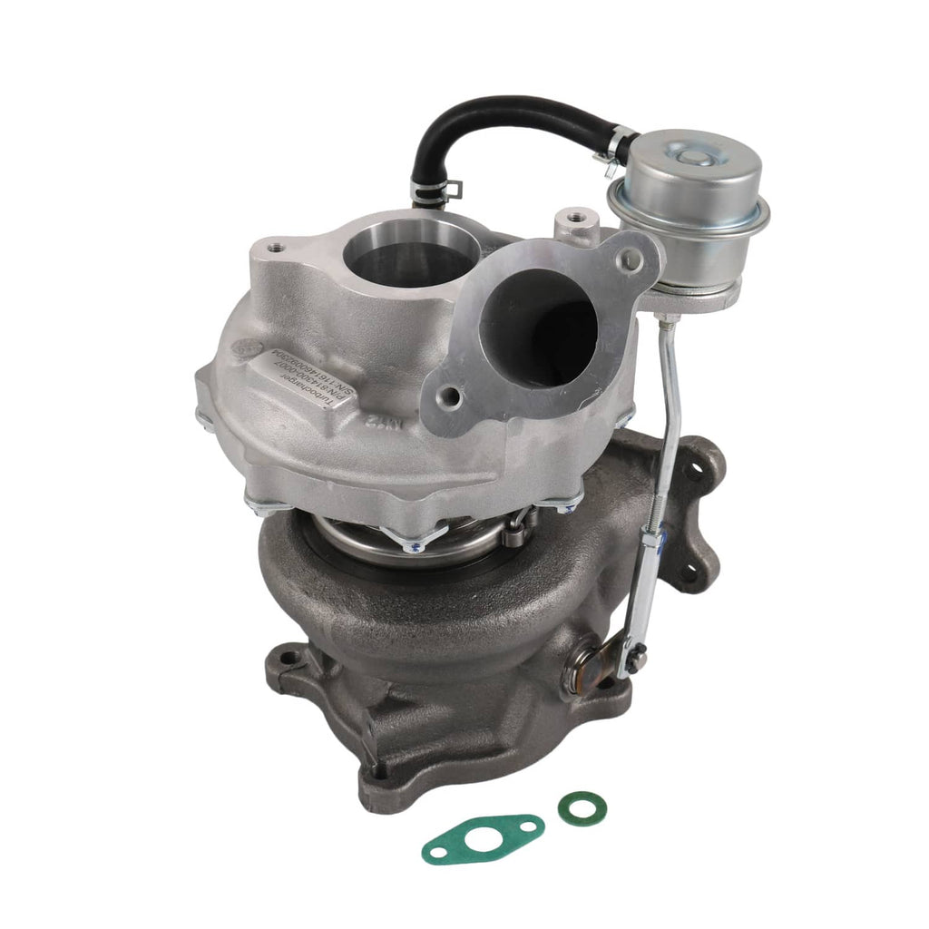 Turbocharger assembly with cast metal housings, black inlet opening, and mounting flange