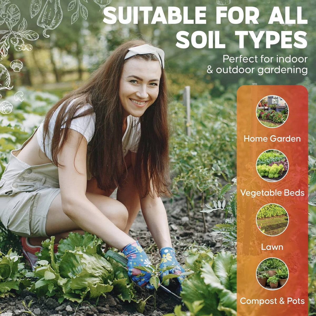 Soil pH test strips kit with gardener planting in raised beds and soil-type labels