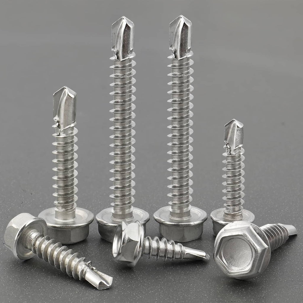 Silver self drilling screws with hex heads and circular washers, close-up set