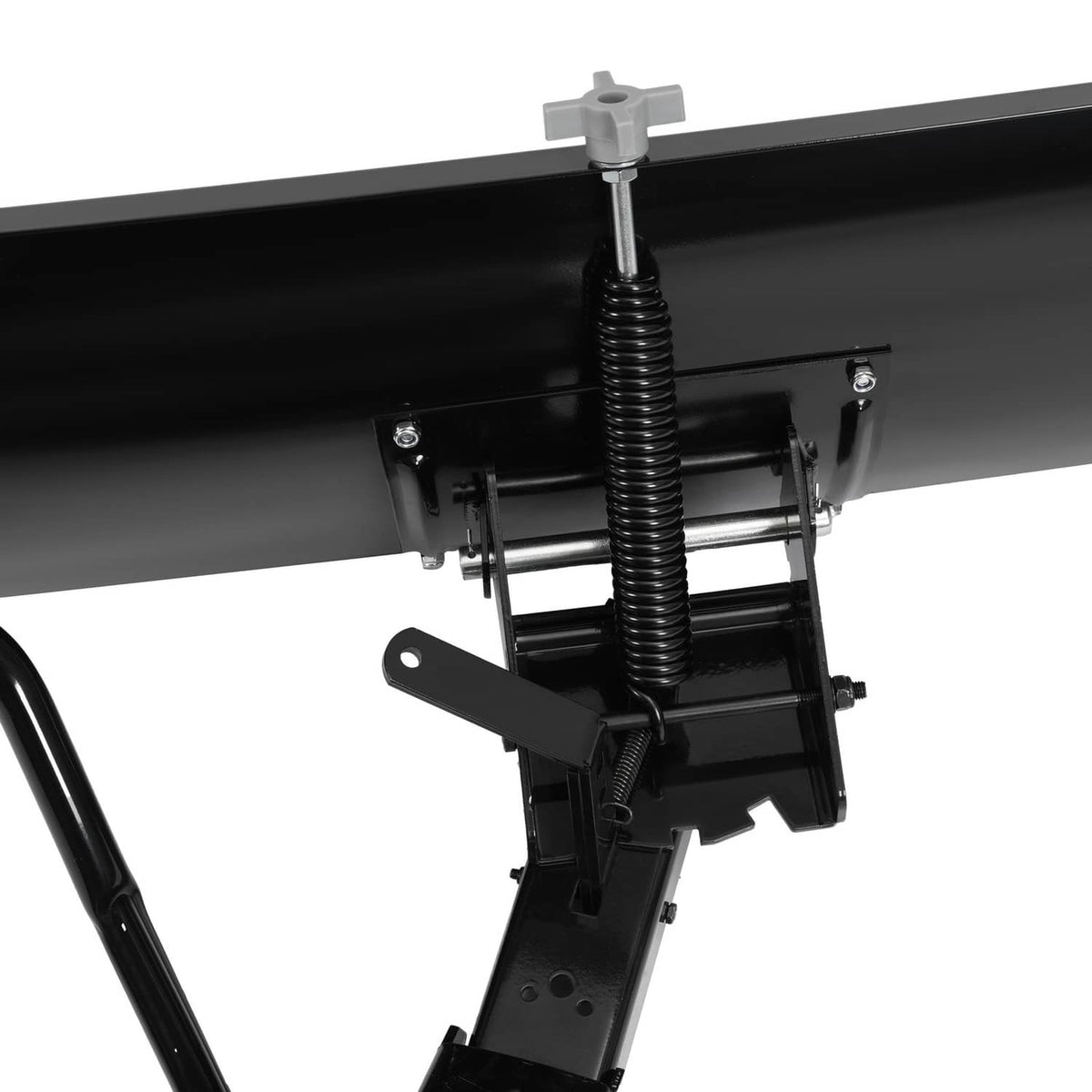 Snow blade plow attachment close-up of spring assembly and steel mounting bracket