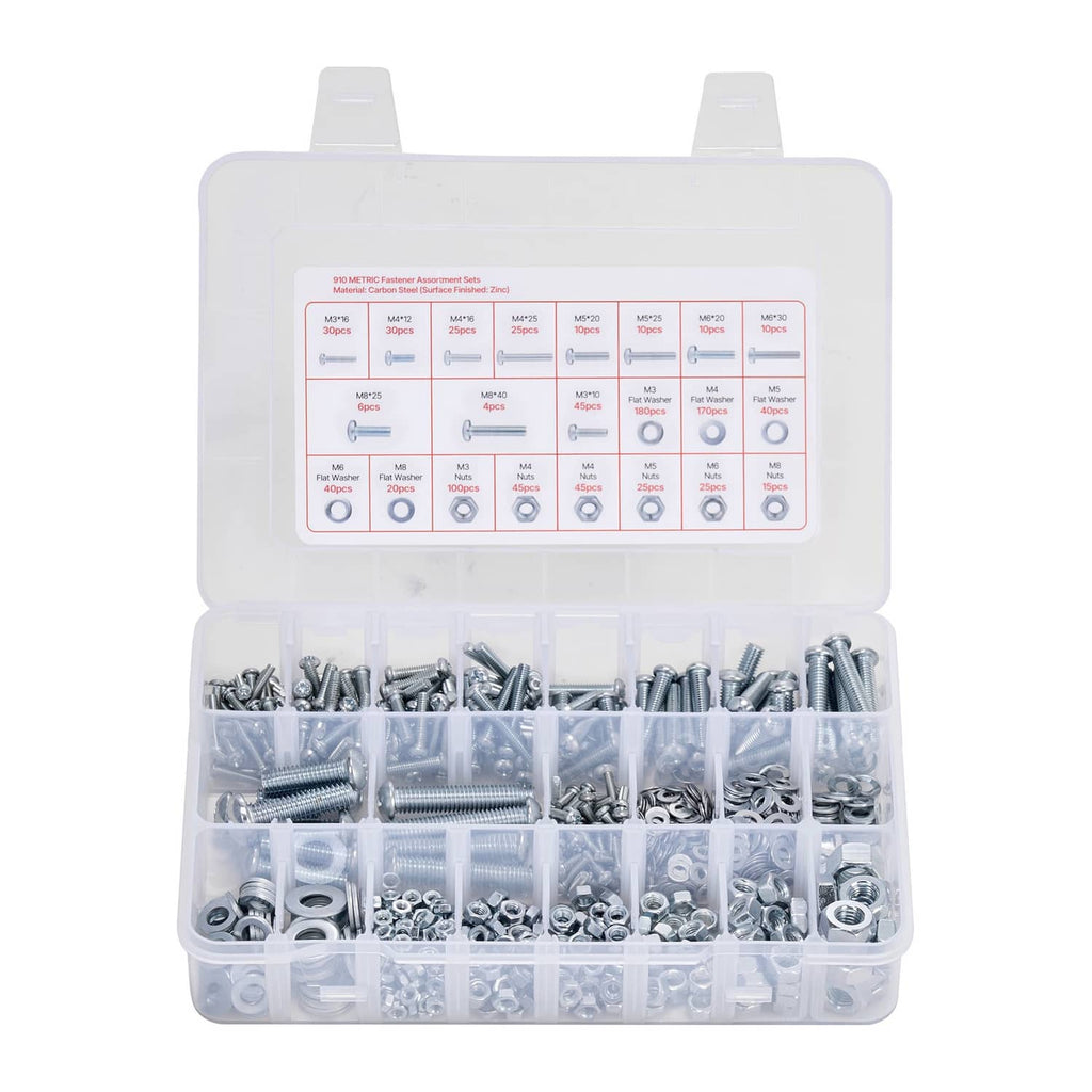 Bolt and nut assortment kit in clear plastic organizer with mixed silver fasteners