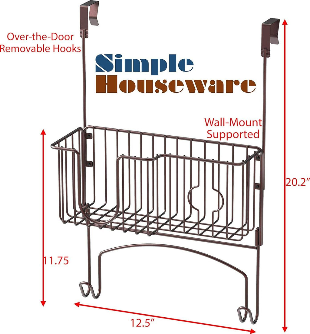 Bronze wire over-the-door organizer with removable hooks and wall-supported shelf