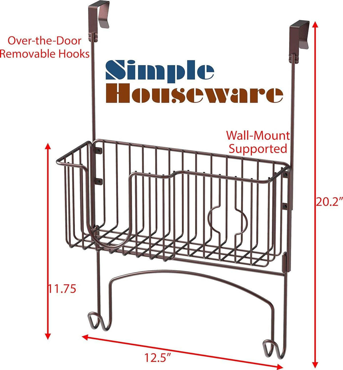 Bronze wire over-the-door organizer with removable hooks and wall-supported shelf