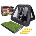 Golf chipping net set with black mesh net, green turf mat, and yellow foam balls