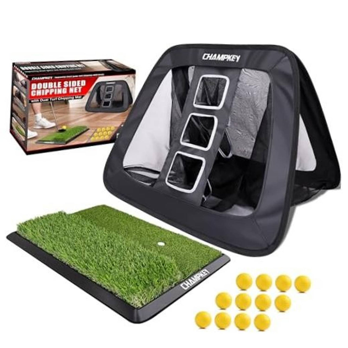 Golf chipping net set with black mesh net, green turf mat, and yellow foam balls