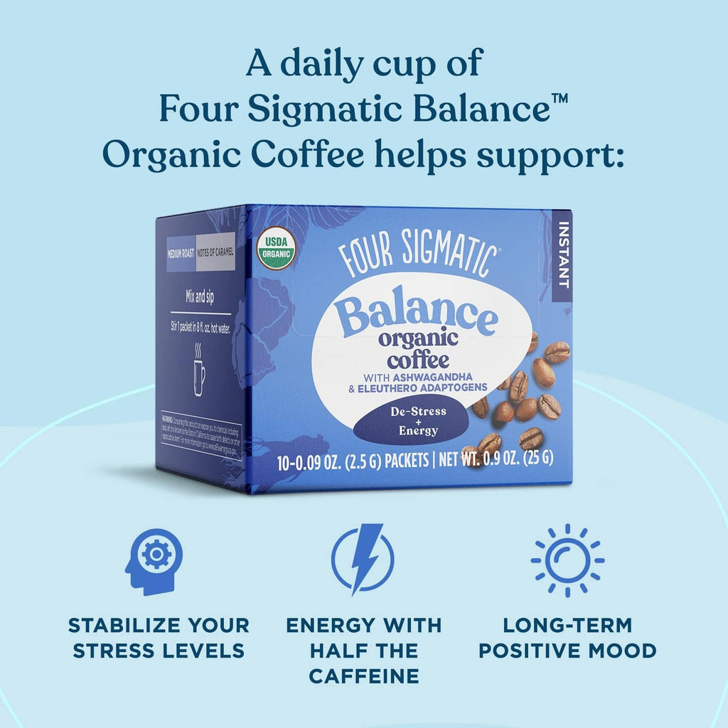 Four Sigmatic Balance organic instant coffee box, de-stress energy, 10 packets