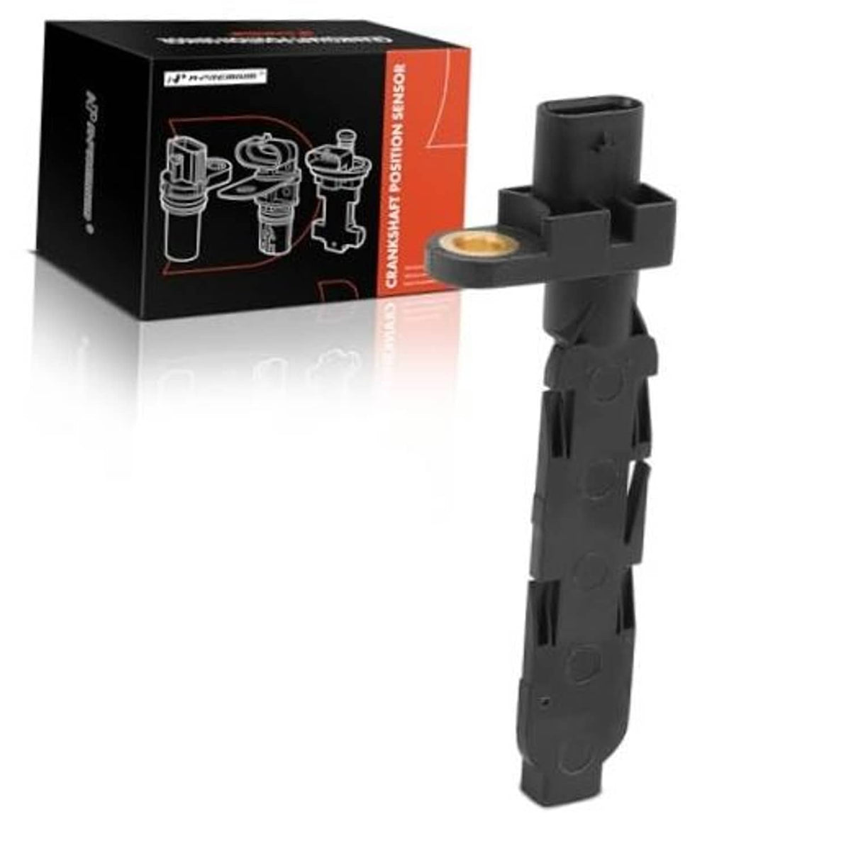Black crankshaft position sensor with electrical connector and mounting tab