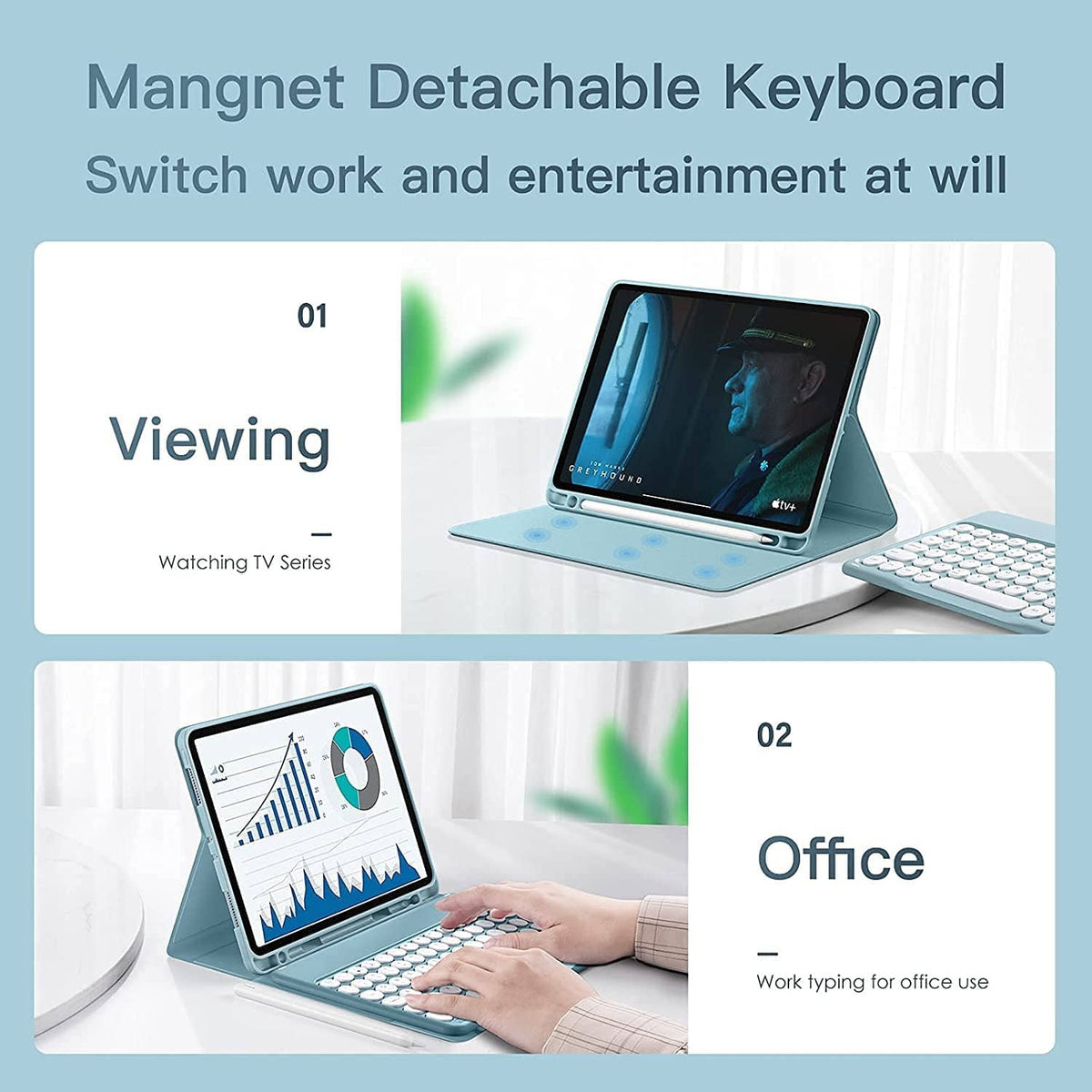 Mint blue detachable keyboard tablet case with angled viewing stand