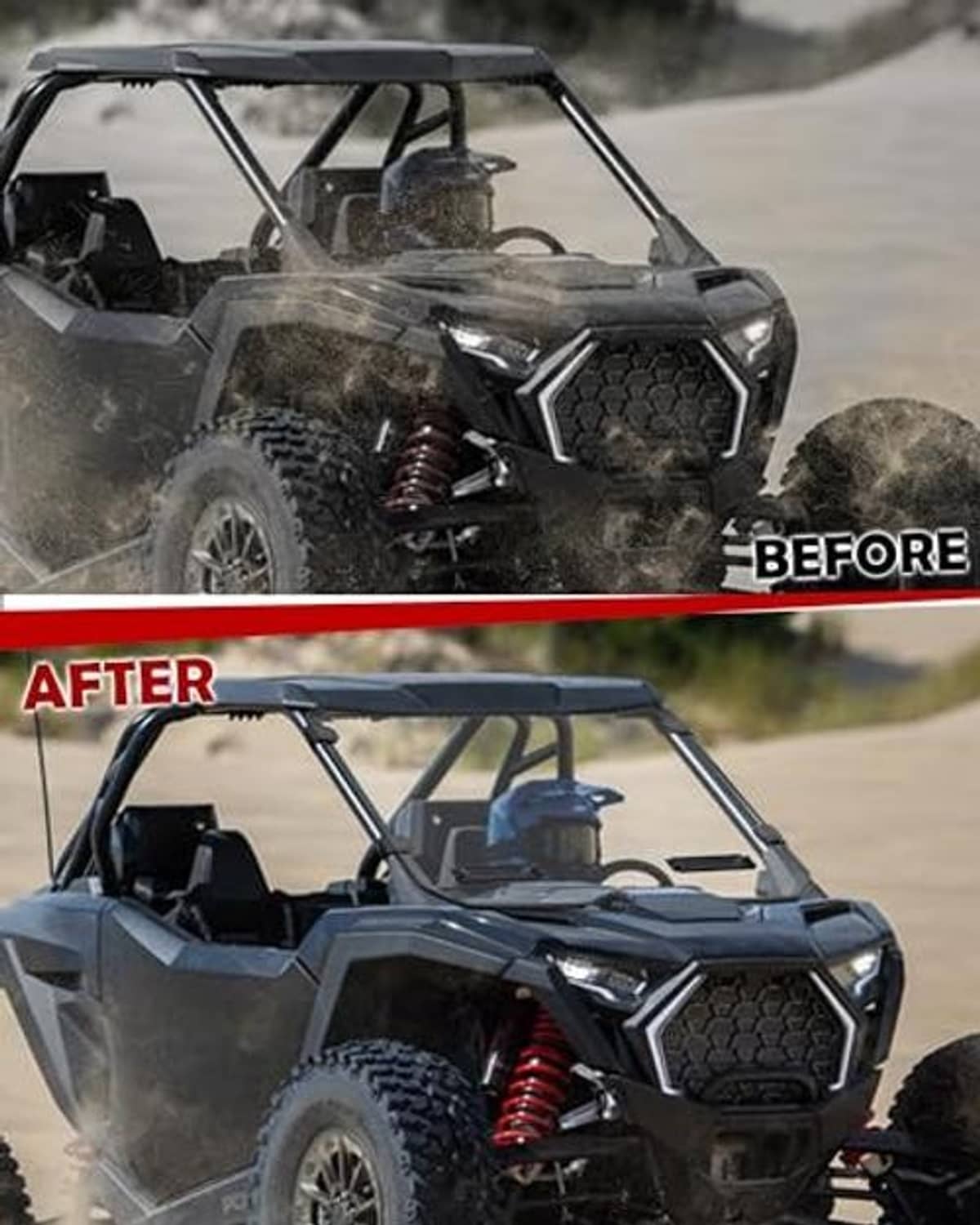 Off-road UTV front with clear windshield and black frame in dusty action scene