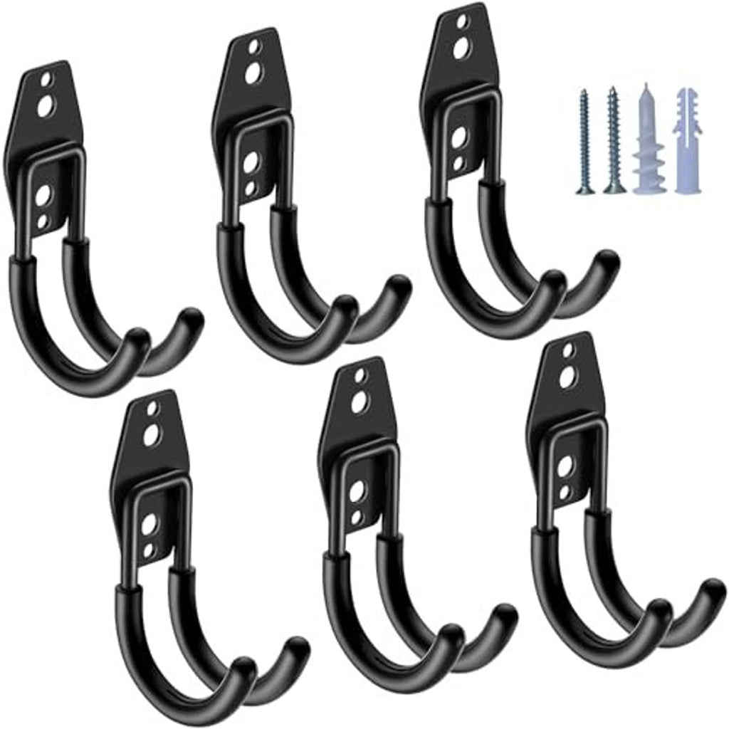 Black J-shaped garage hooks with mounting plates, curved arms (6-pack)
