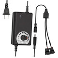 Black PWM fan power control hub with rotary dial and connected 3-pin/4-pin cables