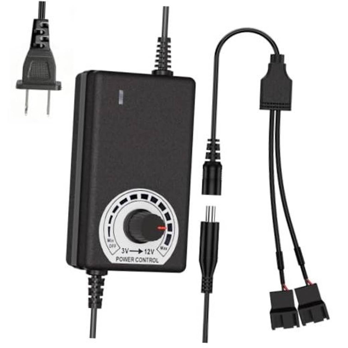 Black PWM fan power control hub with rotary dial and connected 3-pin/4-pin cables