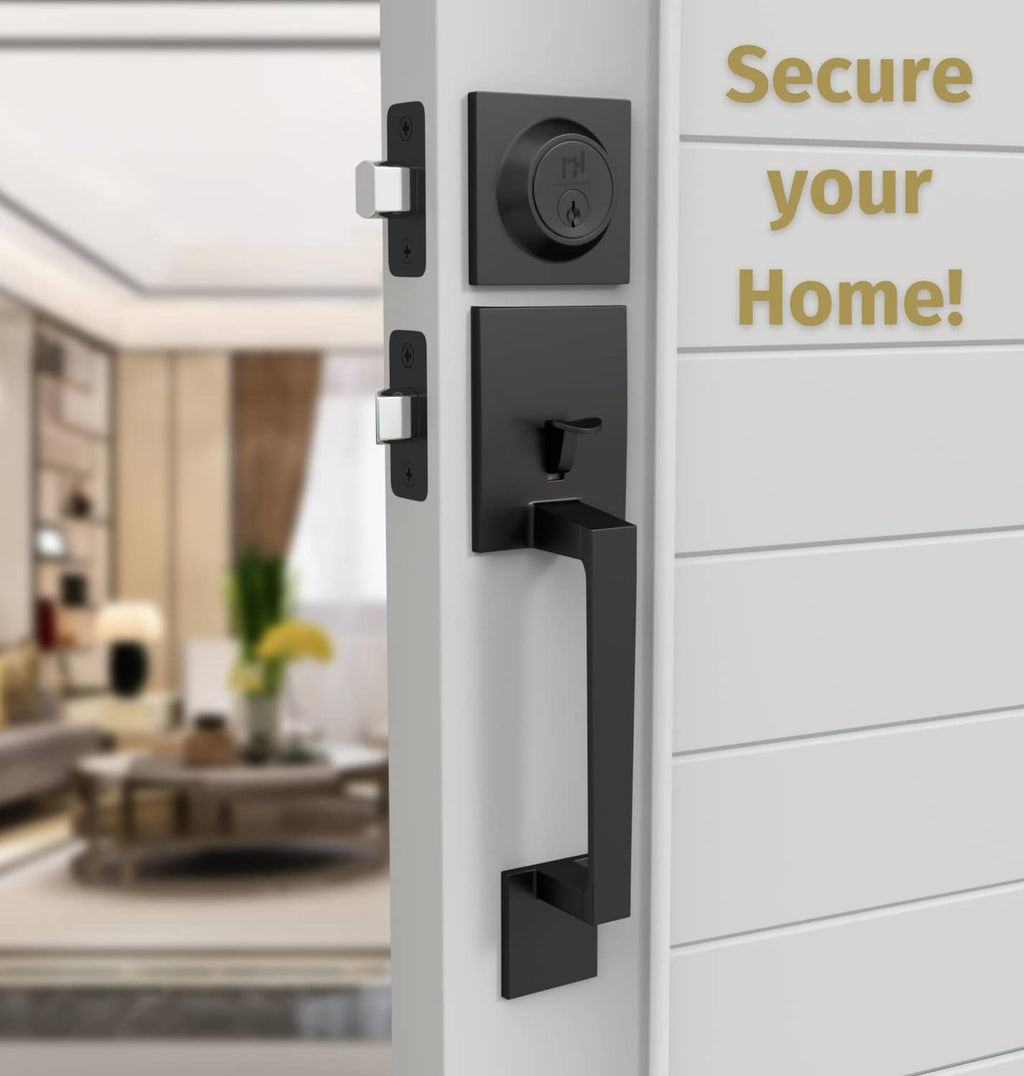 Matte black entry door handleset with deadbolt and lever handle
