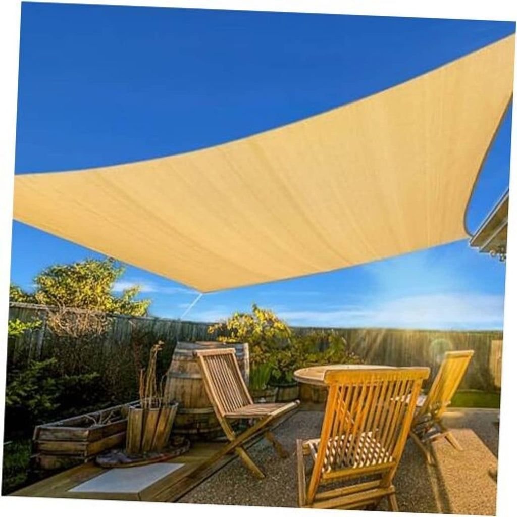 Sand-colored rectangle sun shade sail with curved edges and corner grommets