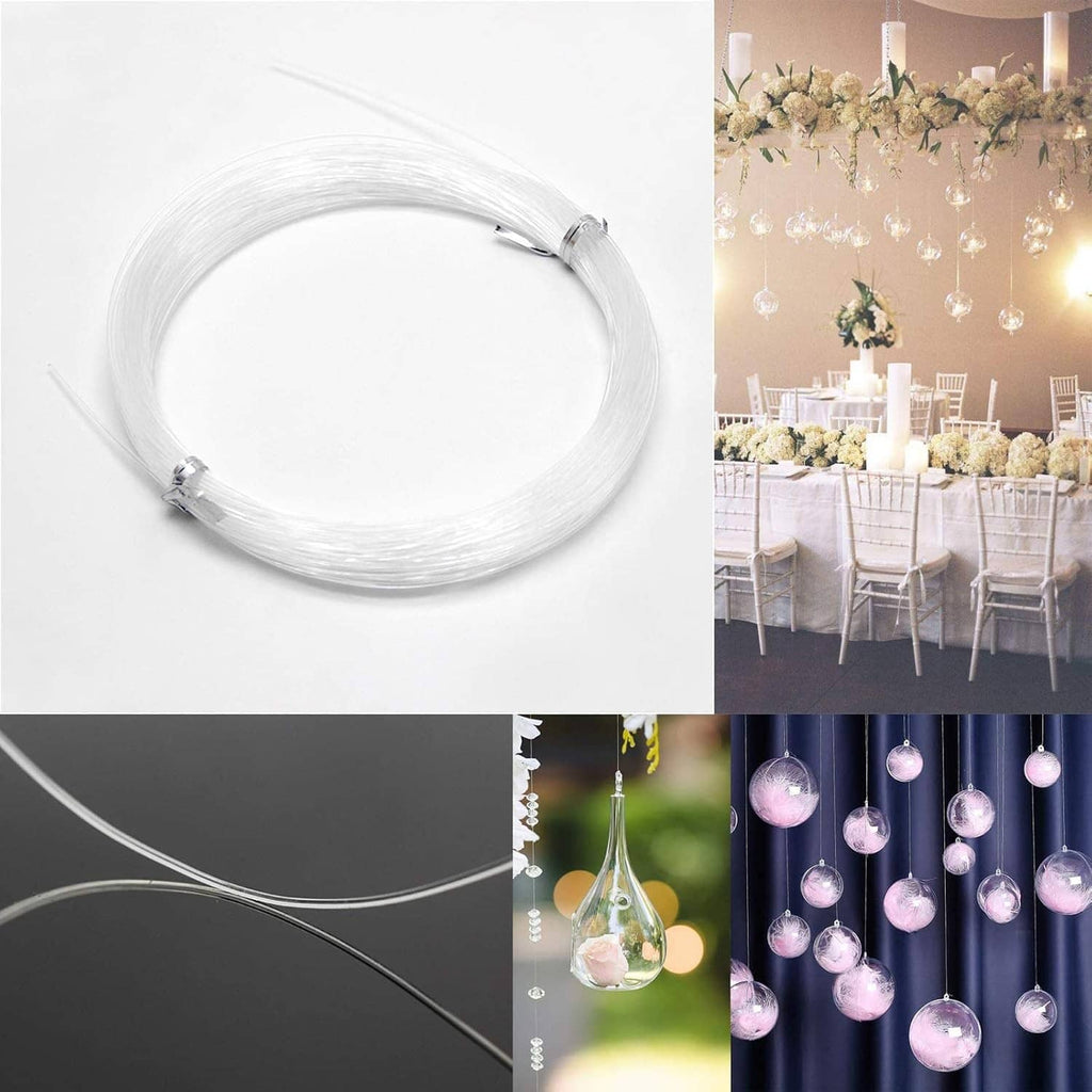 Looped clear picture hanging wire set with metal connectors, coiled on spool