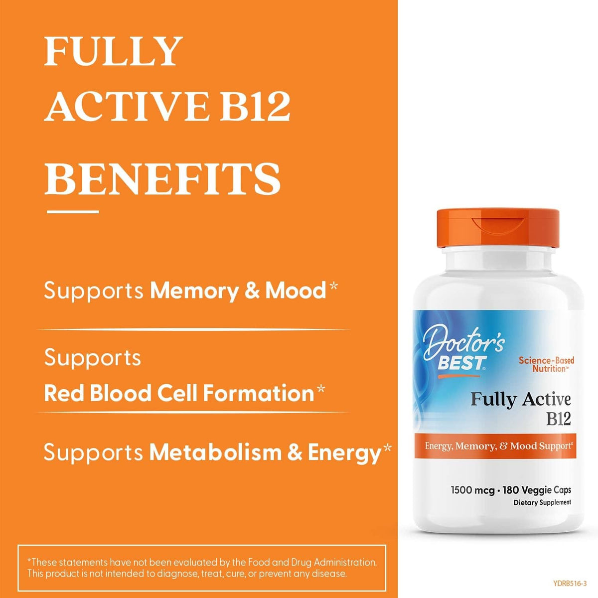 Vitamin B12 supplement bottle with orange cap, Fully Active B12 benefits