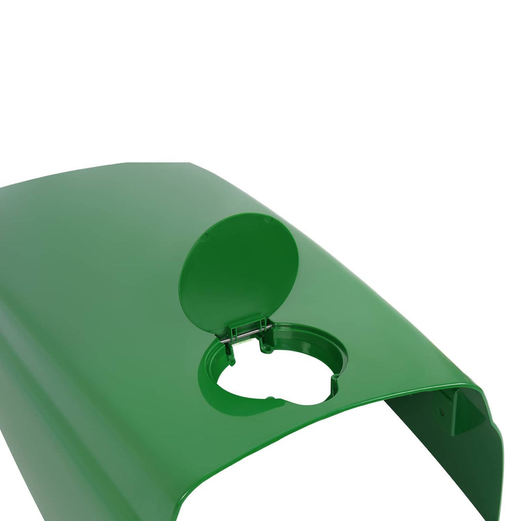 Close-up of green fuel door on tractor upper hood with hinge and latch parts