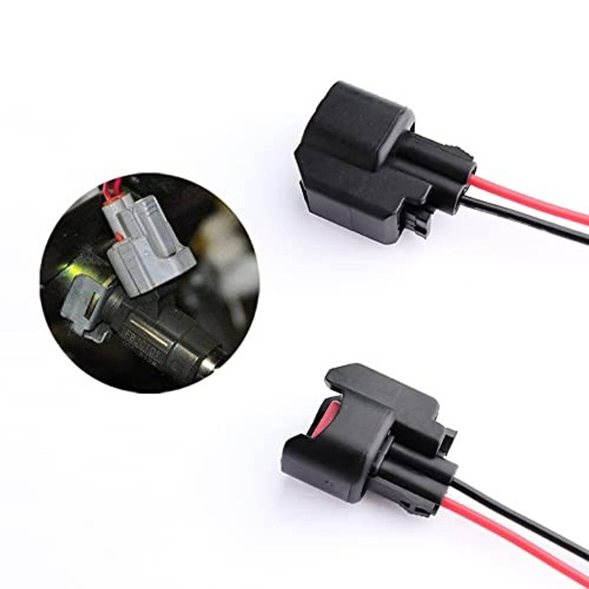Fuel injector connector pair with red/black wires and gray housings, open view of ports