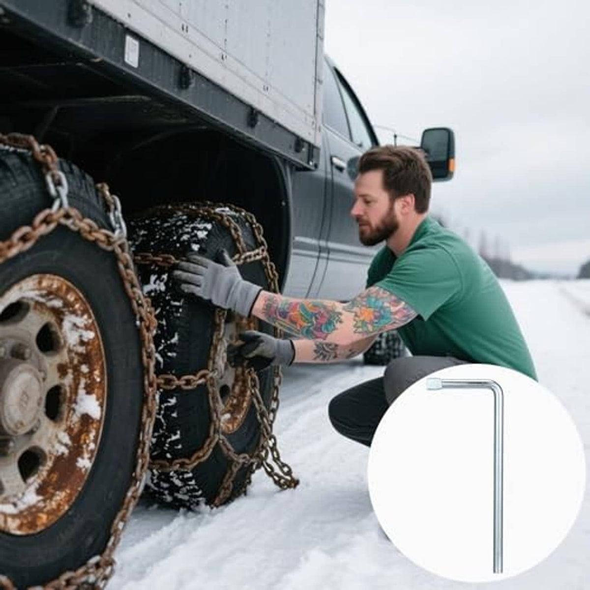 L-handle tire chain wrench in use on heavy truck tire chains