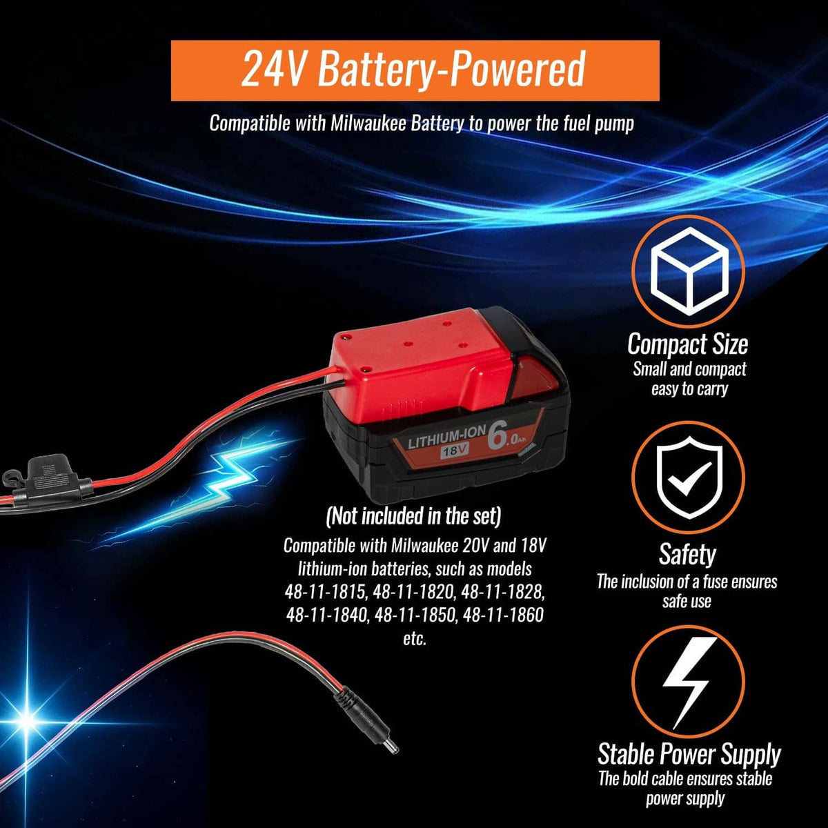 24V battery-powered fuel transfer pump with red battery adapter and cable