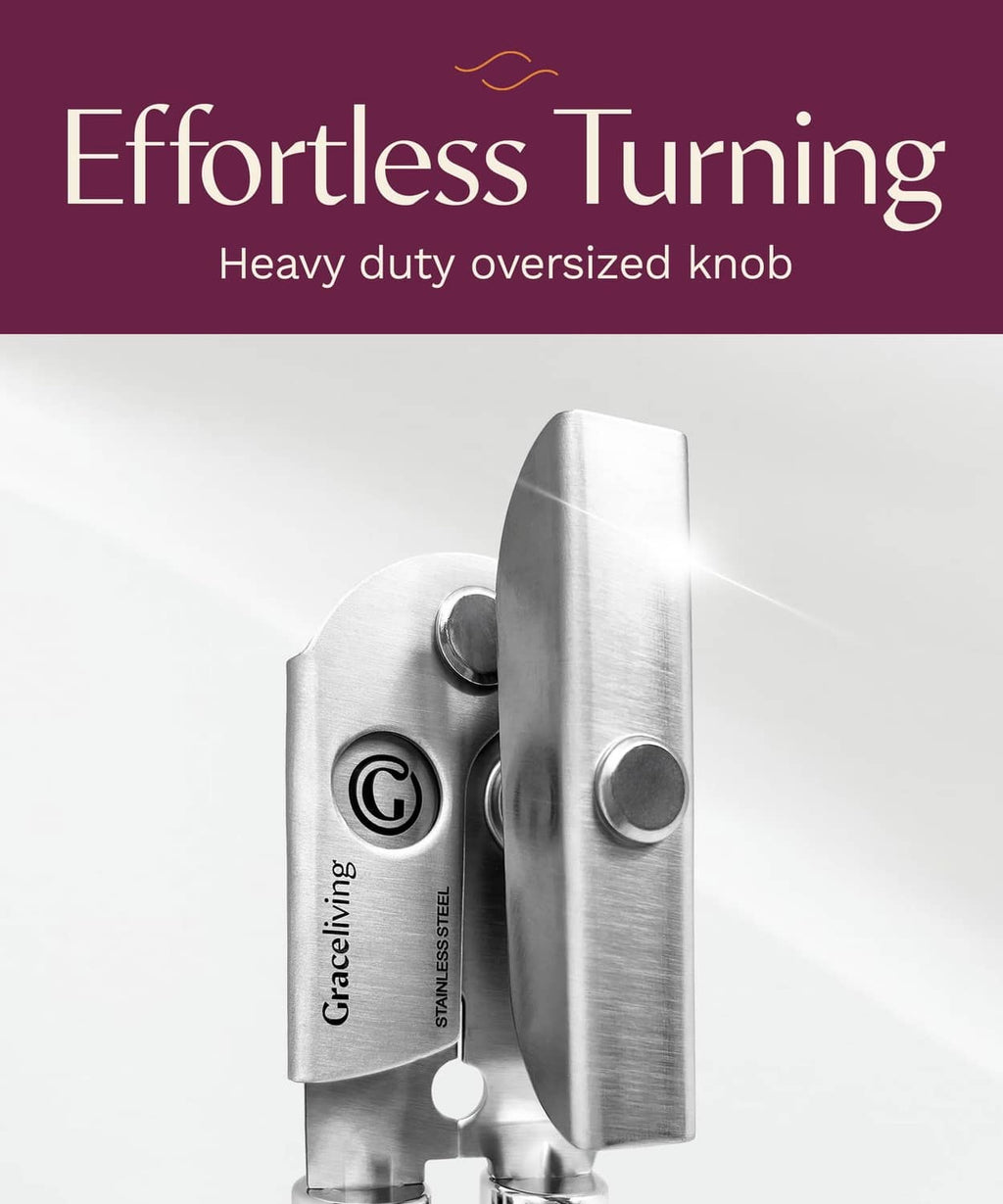 Manual can opener with large oversize knob, stainless steel head and mauve grips