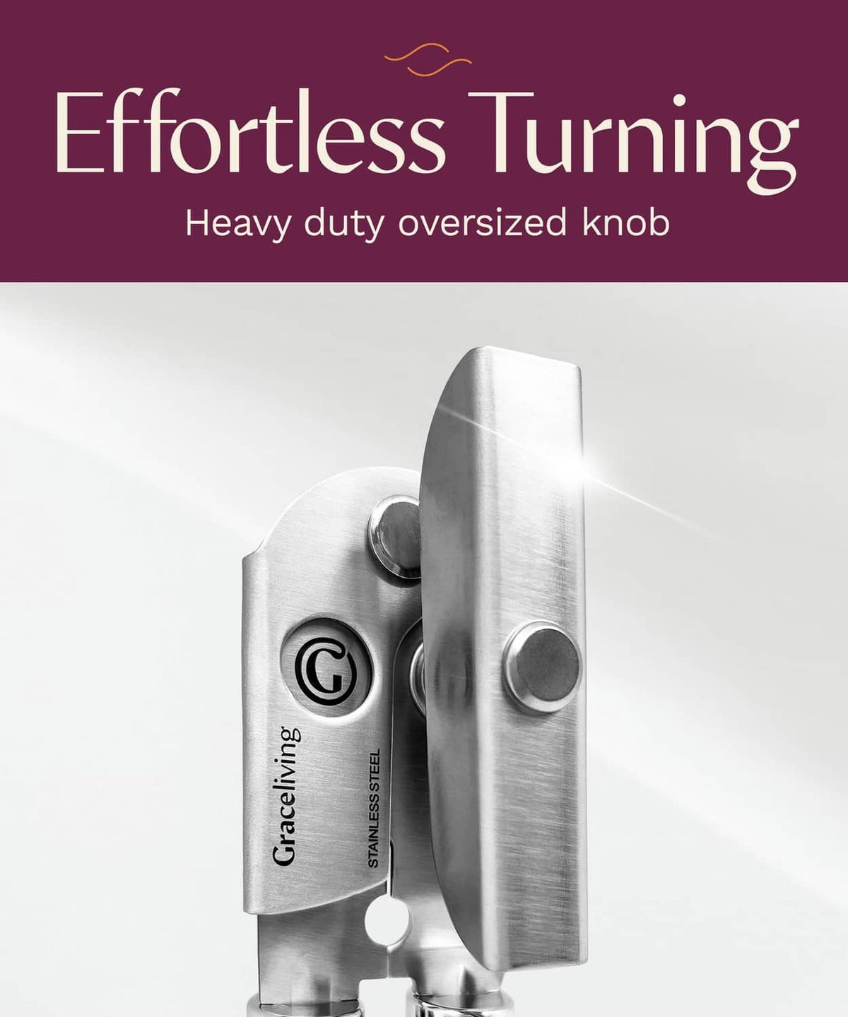Manual can opener with large oversize knob, stainless steel head and mauve grips