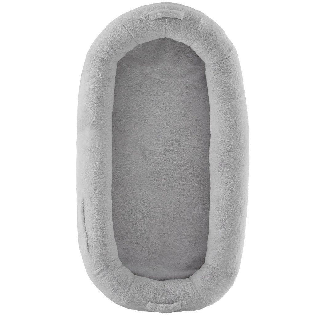 Large human-sized dog bed with faux rabbit fur, oval cave shape, light gray
