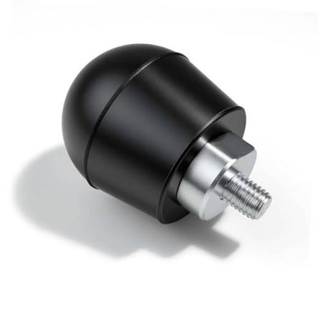 Black rubber bumper stop with metal base and threaded bolt, rear hood mount