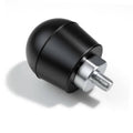 Black rubber bumper stop with metal base and threaded bolt, rear hood mount