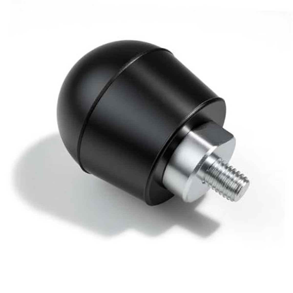 Black rubber bumper stop with metal base and threaded bolt, rear hood mount