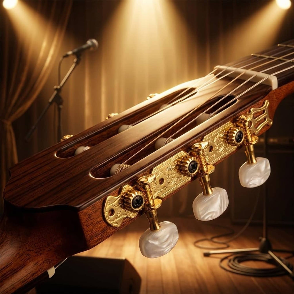 Golden classical guitar tuning pegs with white buttons along headstock edge