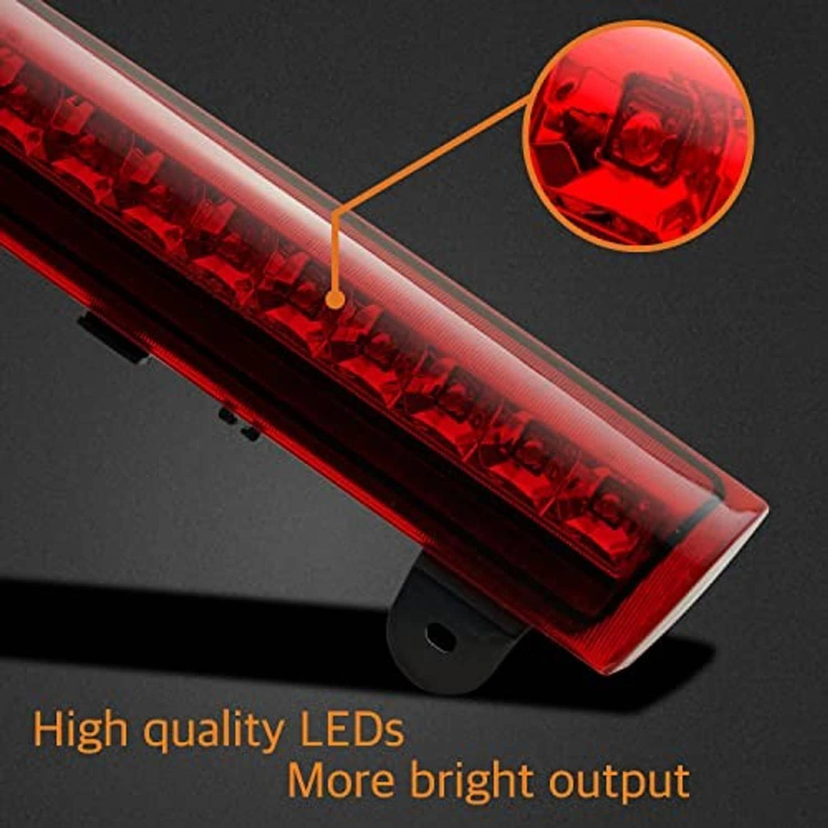 Red LED brake light bar with corner mounting bracket and textured lens grid.