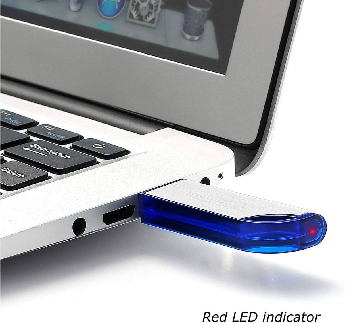 USB flash drive connector with bright blue LED indicator on metal body