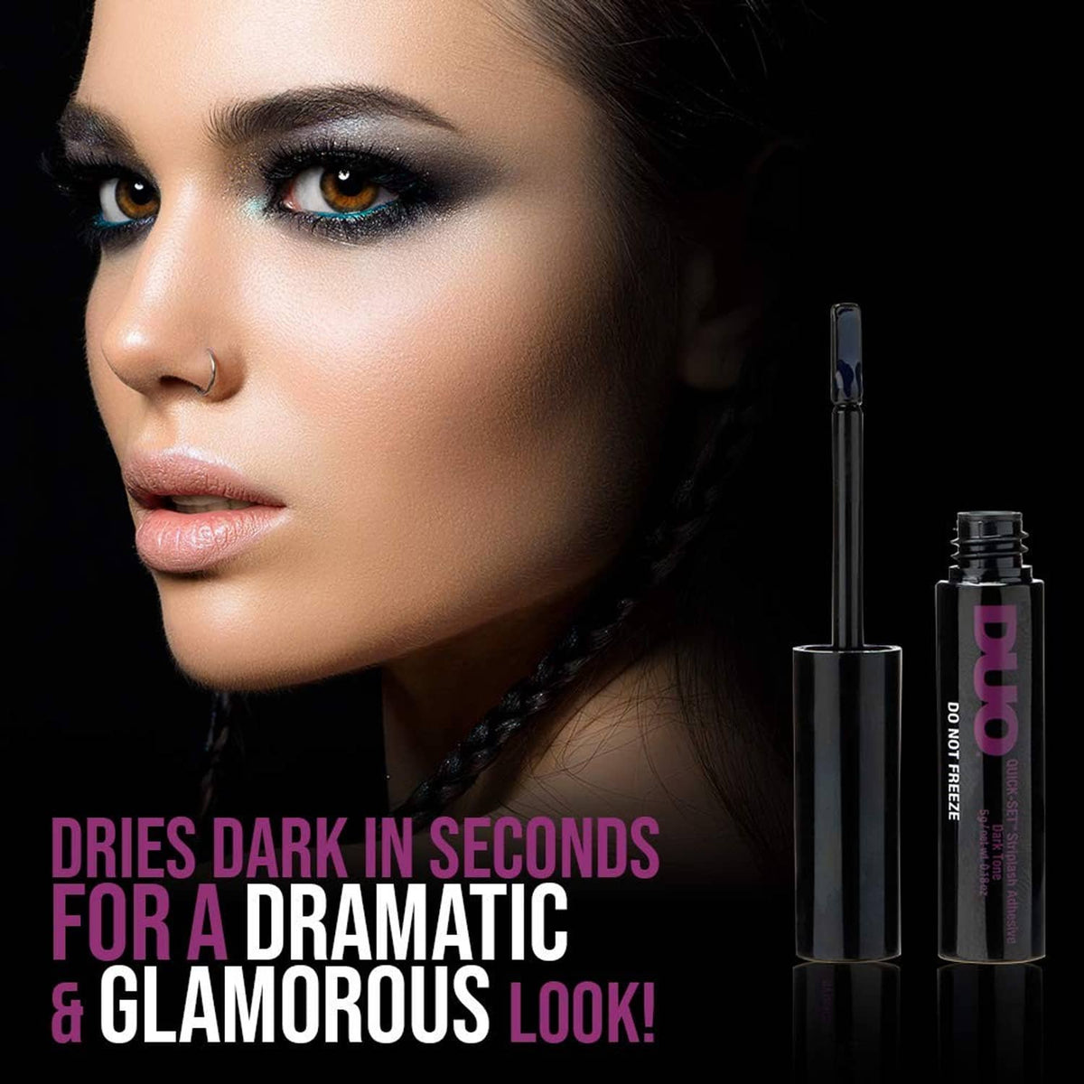 DUO dark-tone eyelash glue bottles with applicator tips for strip lash application