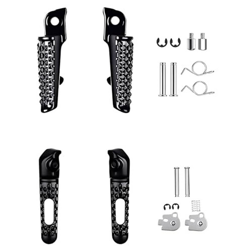Black motorcycle foot pegs set with textured grip and mounting hardware pieces
