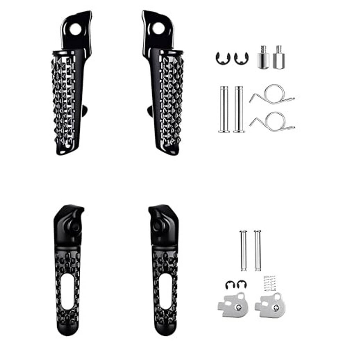 Black motorcycle foot pegs set with textured grip and mounting hardware pieces